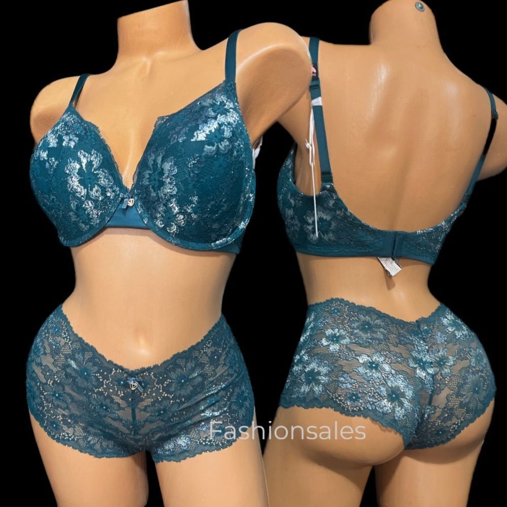 Victorias Secret Set Body Perfect Shape metallic Lace Bra & Shortie 32DDD / S